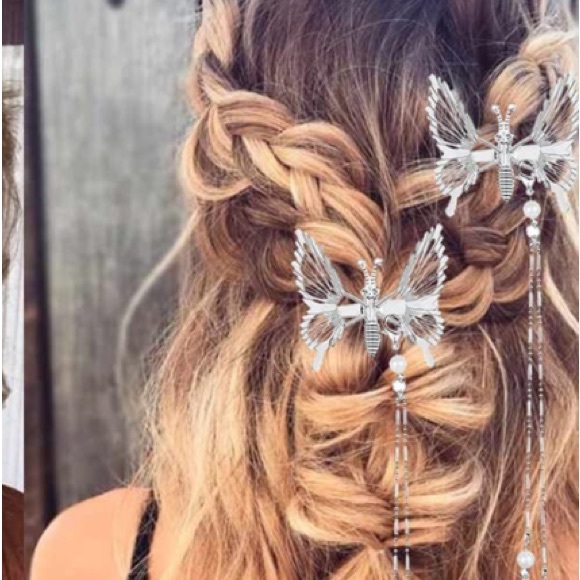 🆕 1Pc Metallic Silver Butterfly Hairpin With Fringe - Picture 5 of 7
